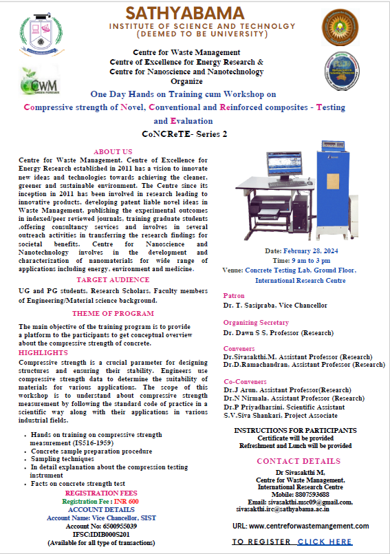 One Day Hands on Training cum Workshop on Compressive strength of Novel, Conventional and Reinforced composites - Testing and Evaluation CoNCReTE- Series 2 2024